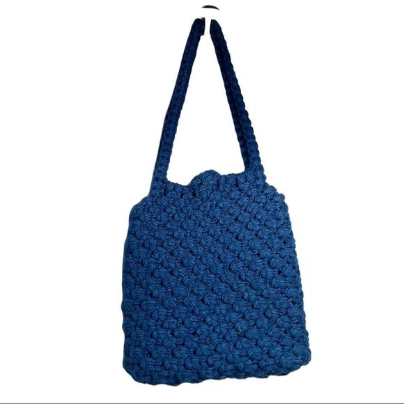 Vintage Crochet Handcrafted Wood Button Blue Handbag 1970s - Picture 3 of 11